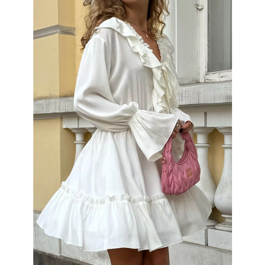 Ruffled V-Neck Long Sleeve Mini Dress White / S Apparel and Accessories