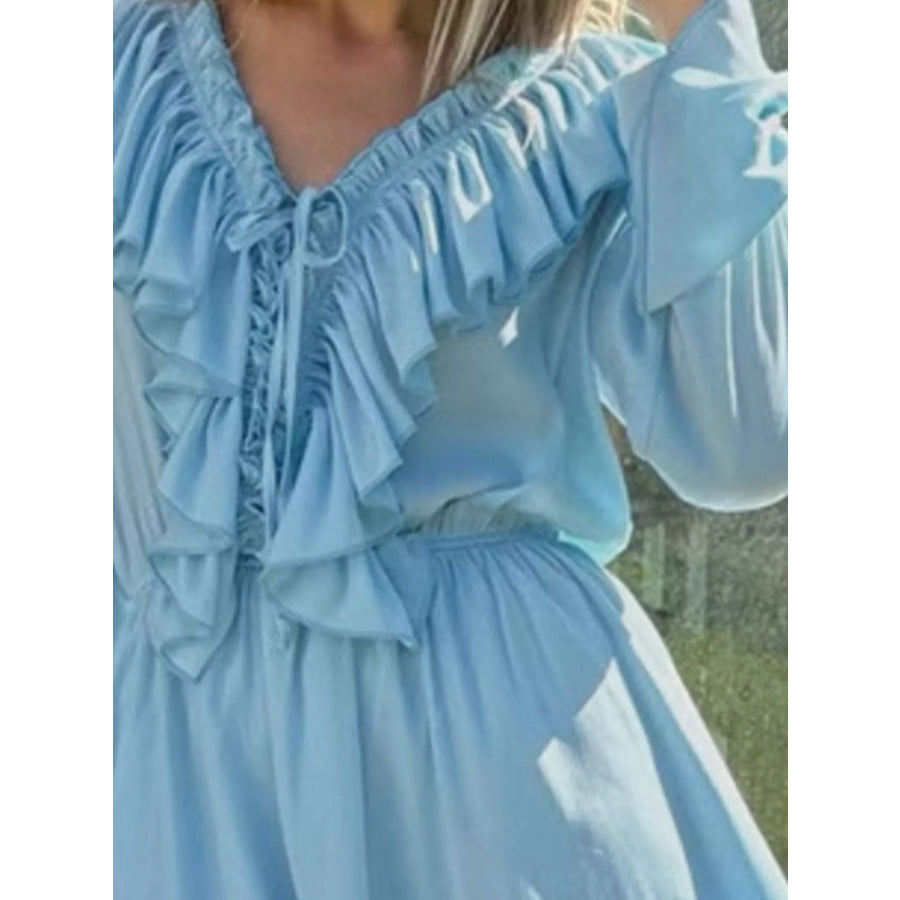 Ruffled V-Neck Long Sleeve Mini Dress Apparel and Accessories