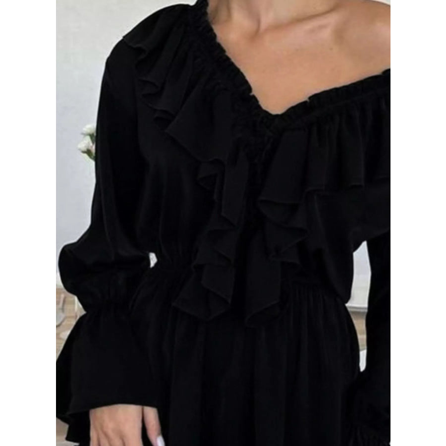 Ruffled V-Neck Long Sleeve Mini Dress Apparel and Accessories