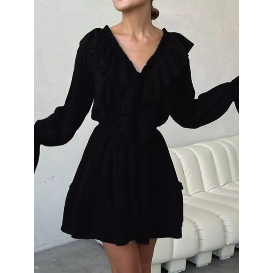 Ruffled V-Neck Long Sleeve Mini Dress Black / S Apparel and Accessories