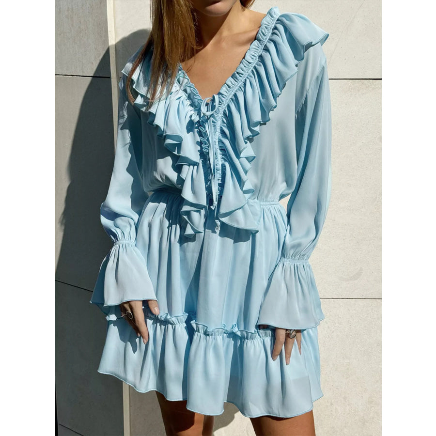 Ruffled V-Neck Long Sleeve Mini Dress Blue / S Apparel and Accessories