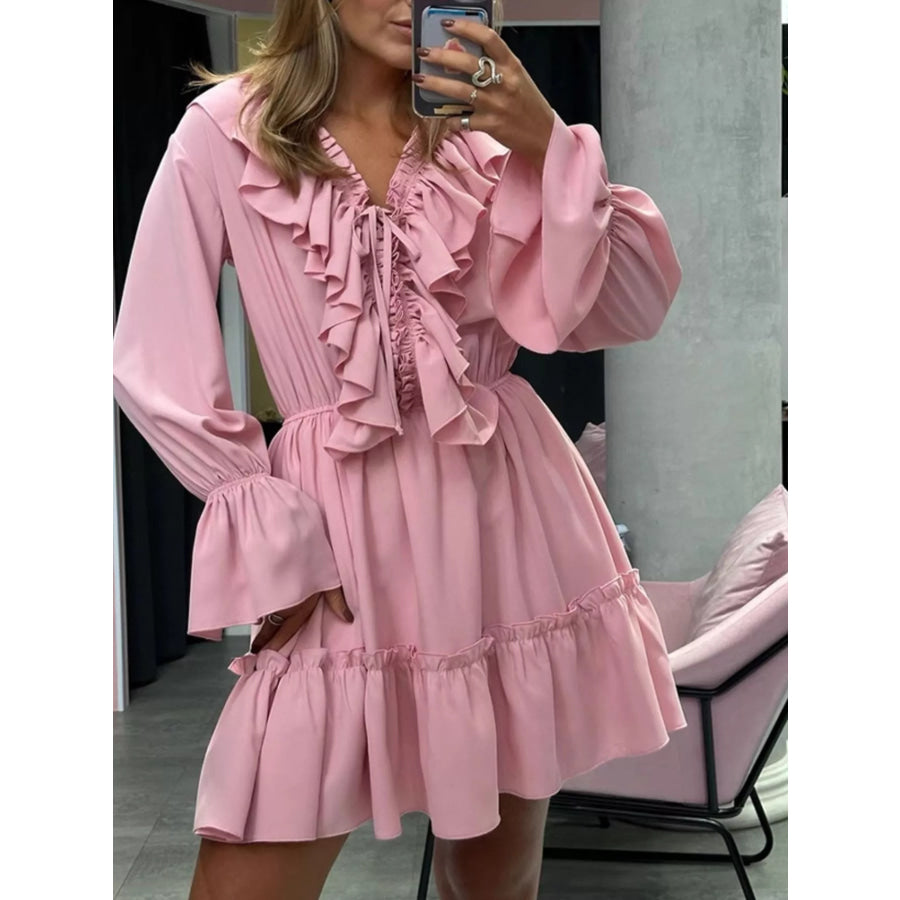 Ruffled V-Neck Long Sleeve Mini Dress Pink / S Apparel and Accessories