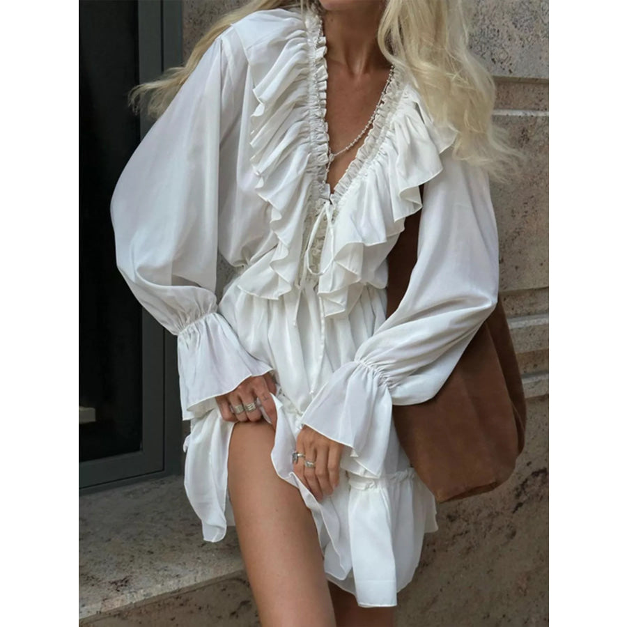 Ruffled V-Neck Long Sleeve Mini Dress White / S Apparel and Accessories