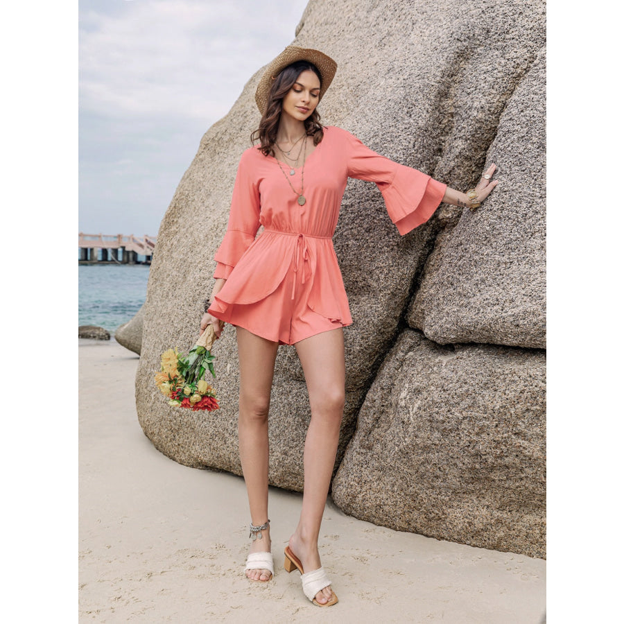 Ruffled V-Neck Long Sleeve Romper Apparel and Accessories