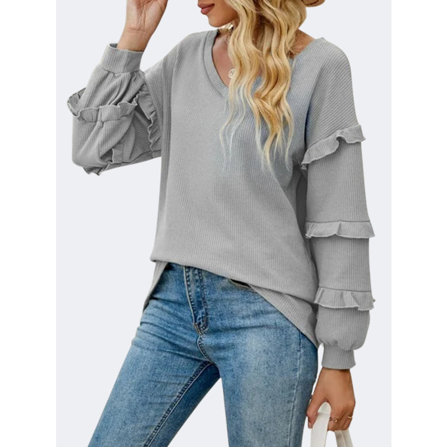 Ruffled V - Neck Long Sleeve T - Shirt Apparel and Accessories
