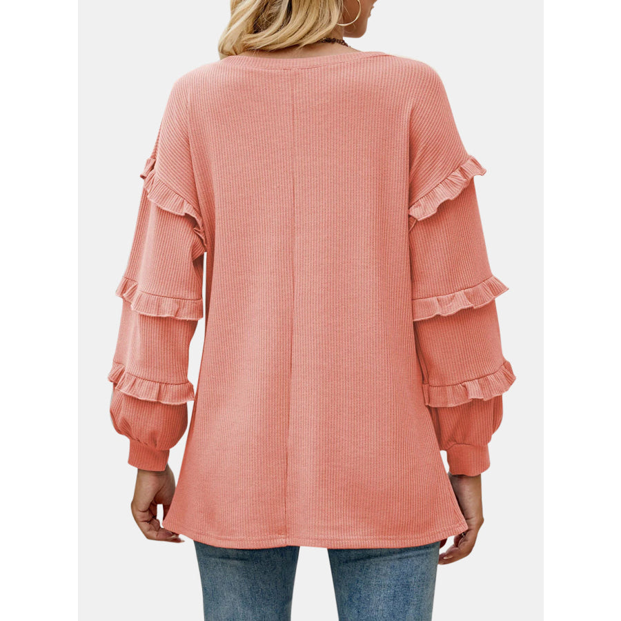 Ruffled V - Neck Long Sleeve T - Shirt Apparel and Accessories