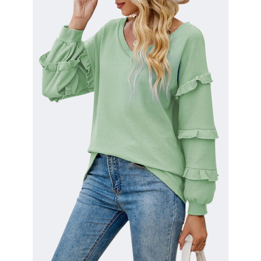 Ruffled V - Neck Long Sleeve T - Shirt Apparel and Accessories