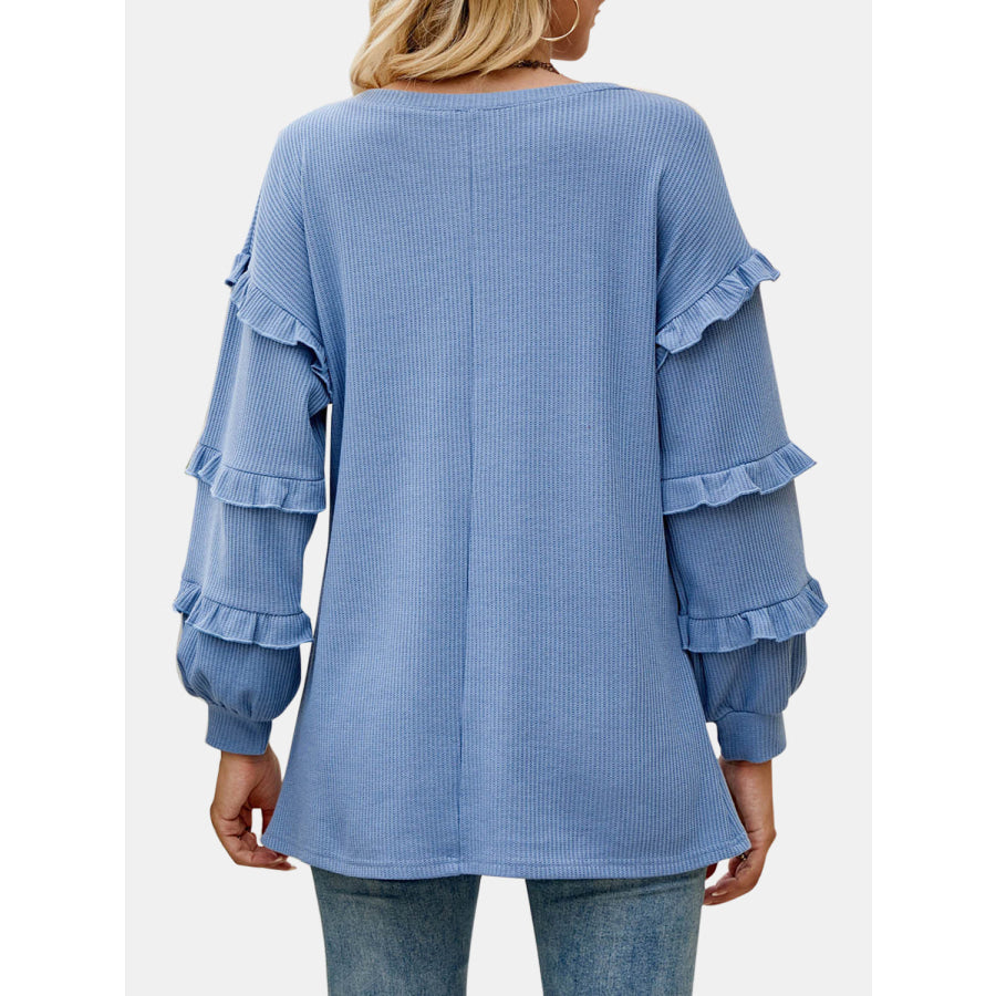 Ruffled V - Neck Long Sleeve T - Shirt Apparel and Accessories