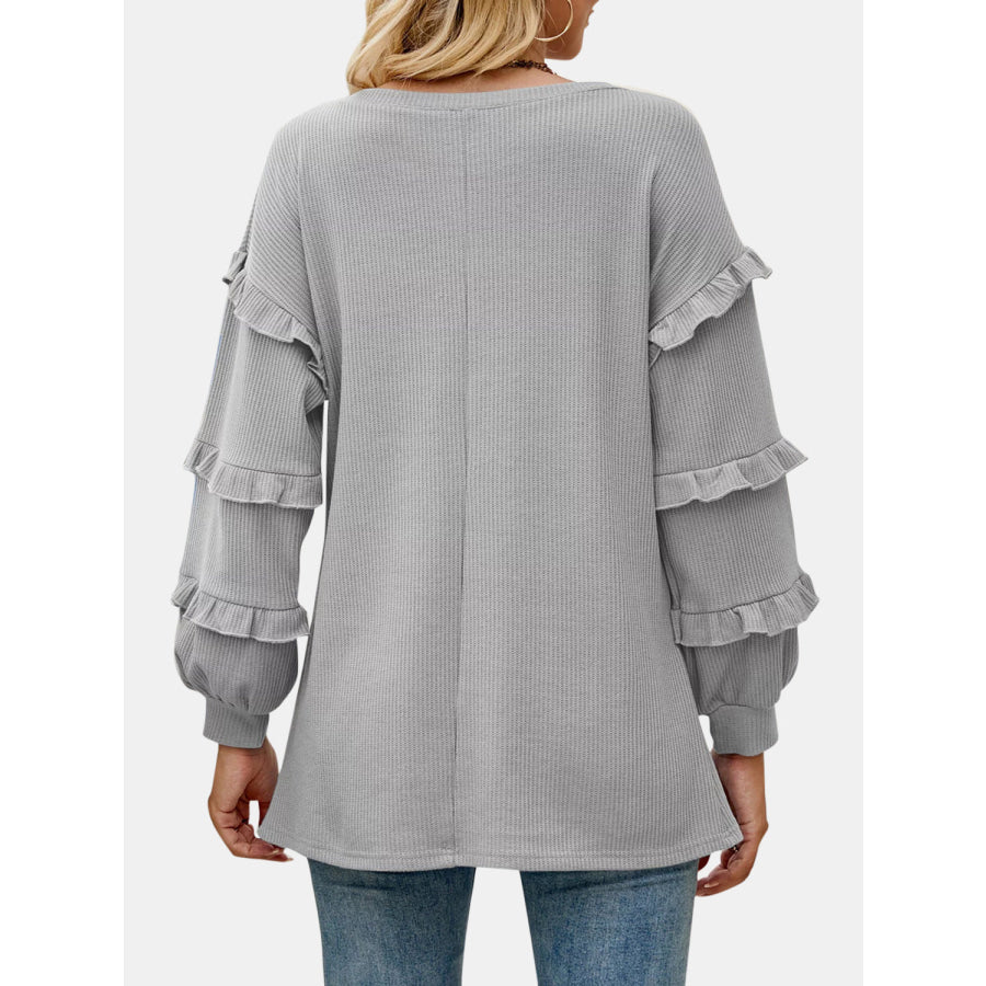 Ruffled V - Neck Long Sleeve T - Shirt Apparel and Accessories