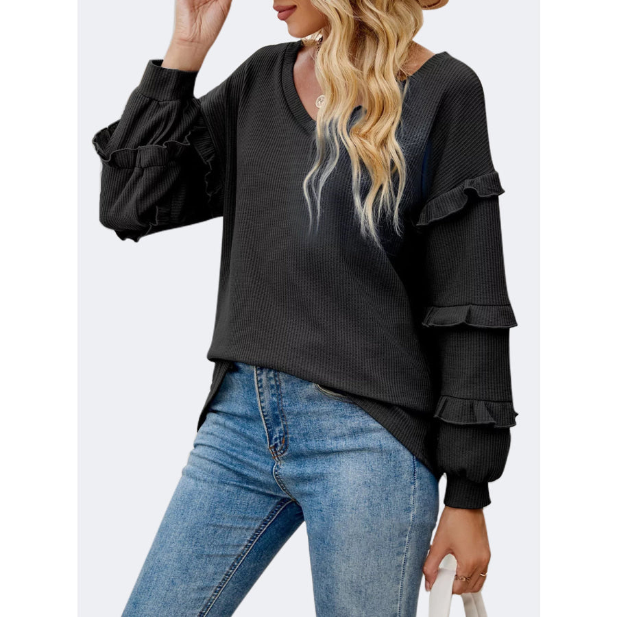 Ruffled V - Neck Long Sleeve T - Shirt Black / S Apparel and Accessories