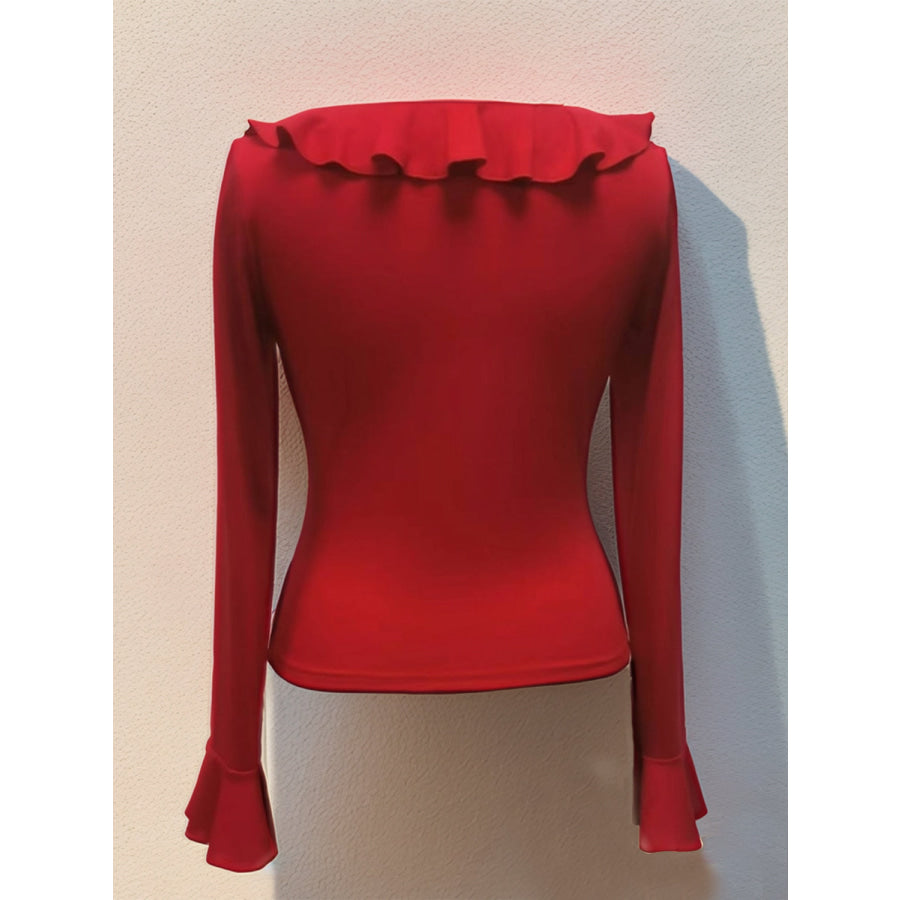 Ruffled V-Neck Long Sleeve T-Shirt Apparel and Accessories