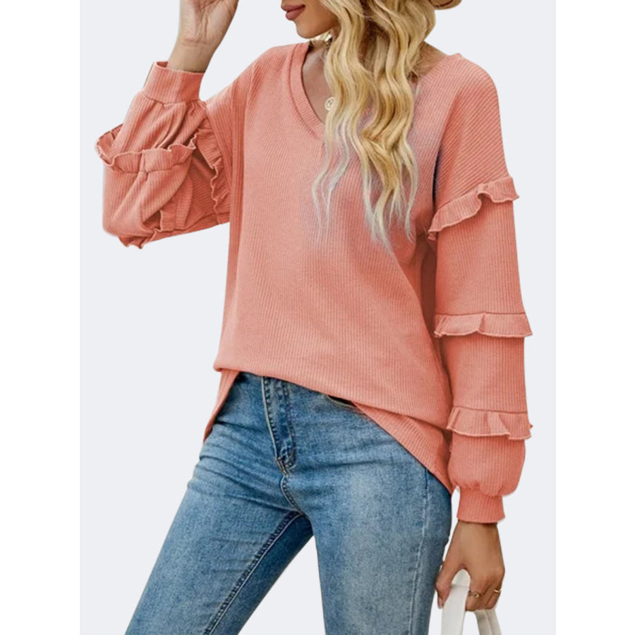 Ruffled V - Neck Long Sleeve T - Shirt Apparel and Accessories