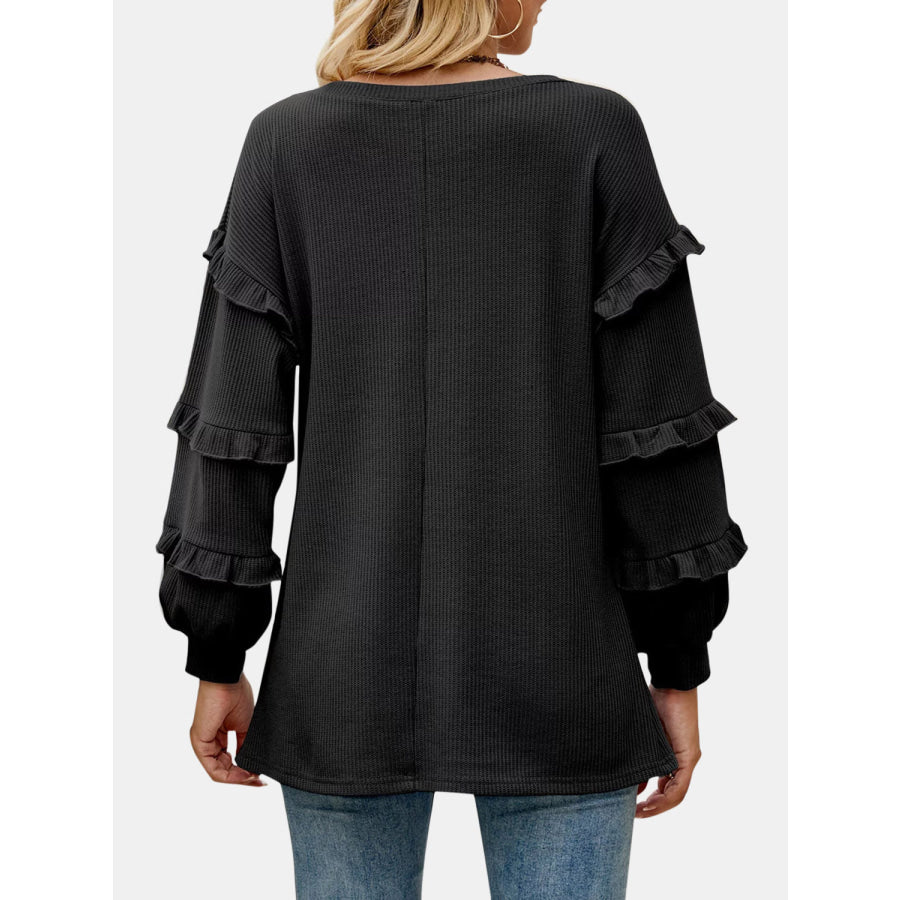 Ruffled V - Neck Long Sleeve T - Shirt Apparel and Accessories