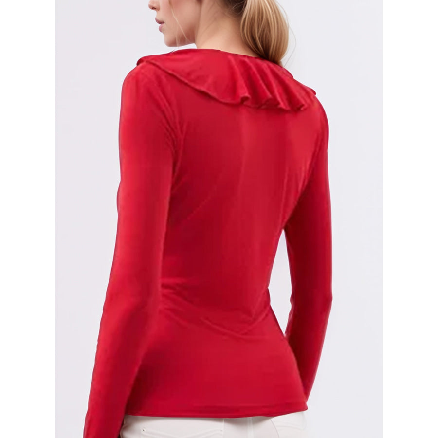 Ruffled V-Neck Long Sleeve T-Shirt Apparel and Accessories