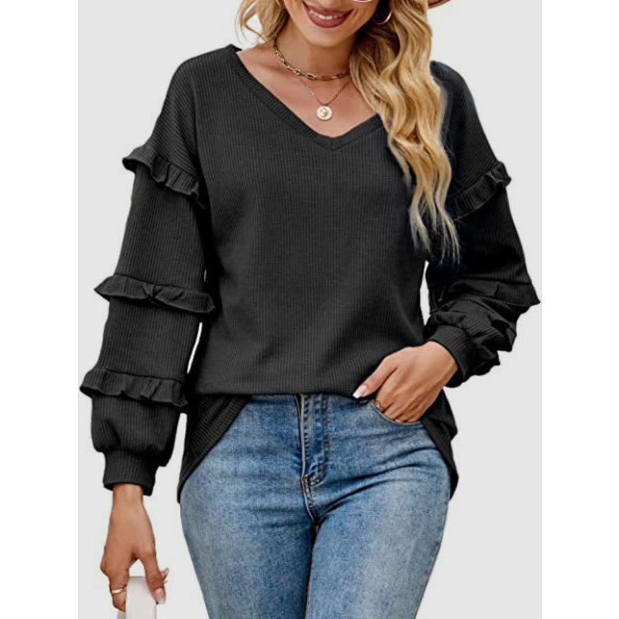 Ruffled V - Neck Long Sleeve T - Shirt Black / S Apparel and Accessories