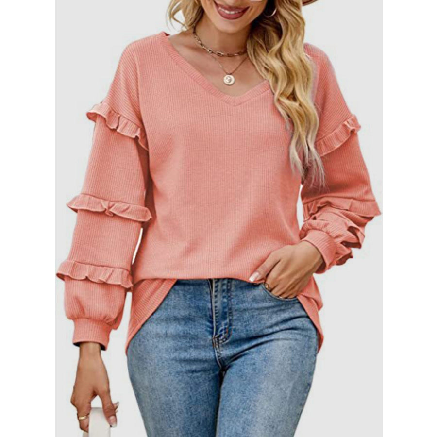Ruffled V - Neck Long Sleeve T - Shirt Coral / S Apparel and Accessories