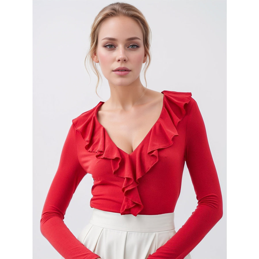 Ruffled V-Neck Long Sleeve T-Shirt Scarlet / S Apparel and Accessories