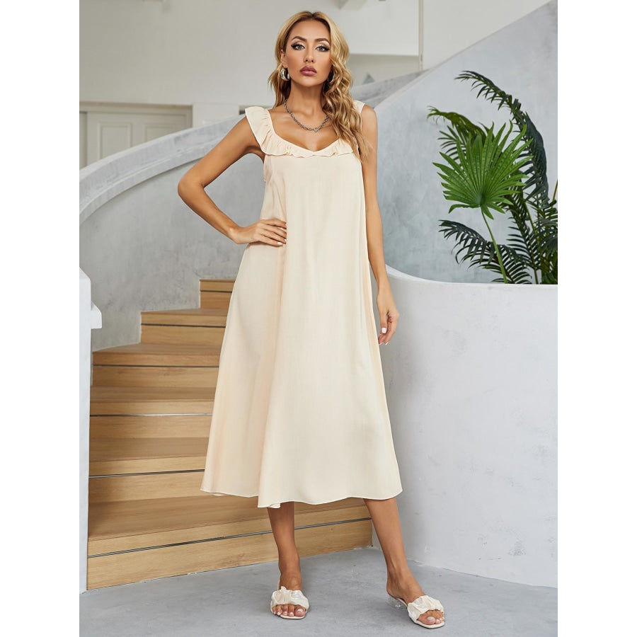 Ruffled V-Neck Midi Dress Cream / S