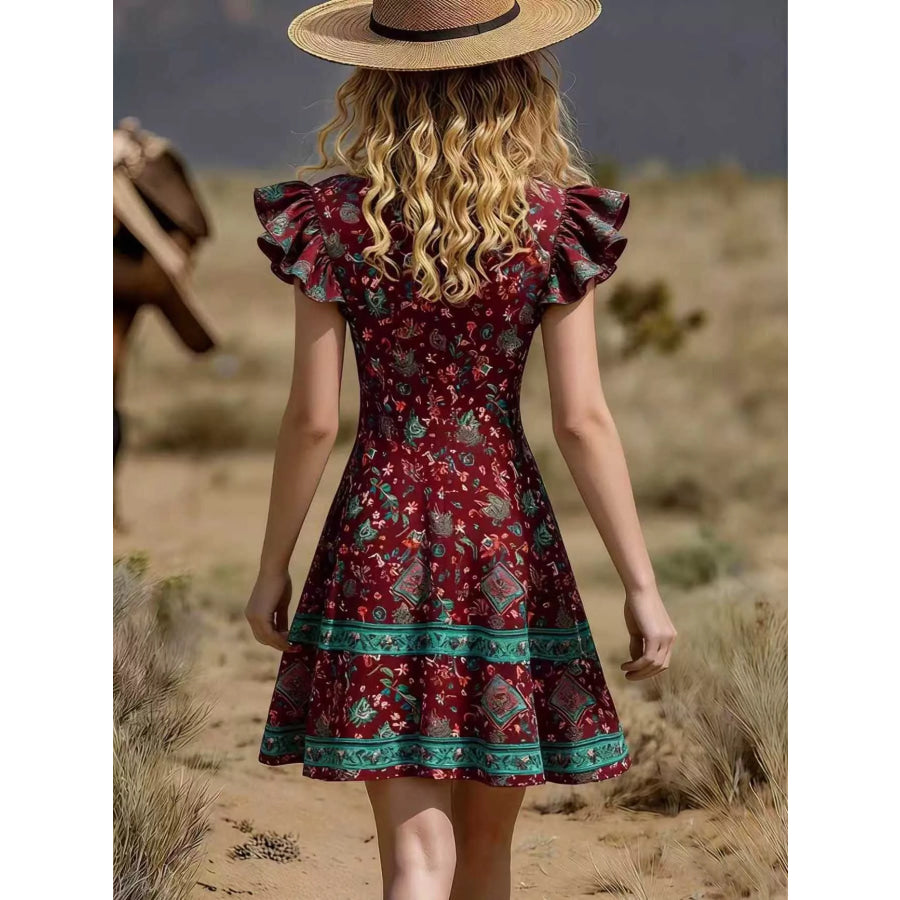Ruffled V-Neck Mini Dress Burgundy / S Apparel and Accessories