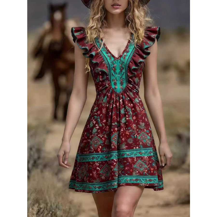 Ruffled V-Neck Mini Dress Burgundy / S Apparel and Accessories