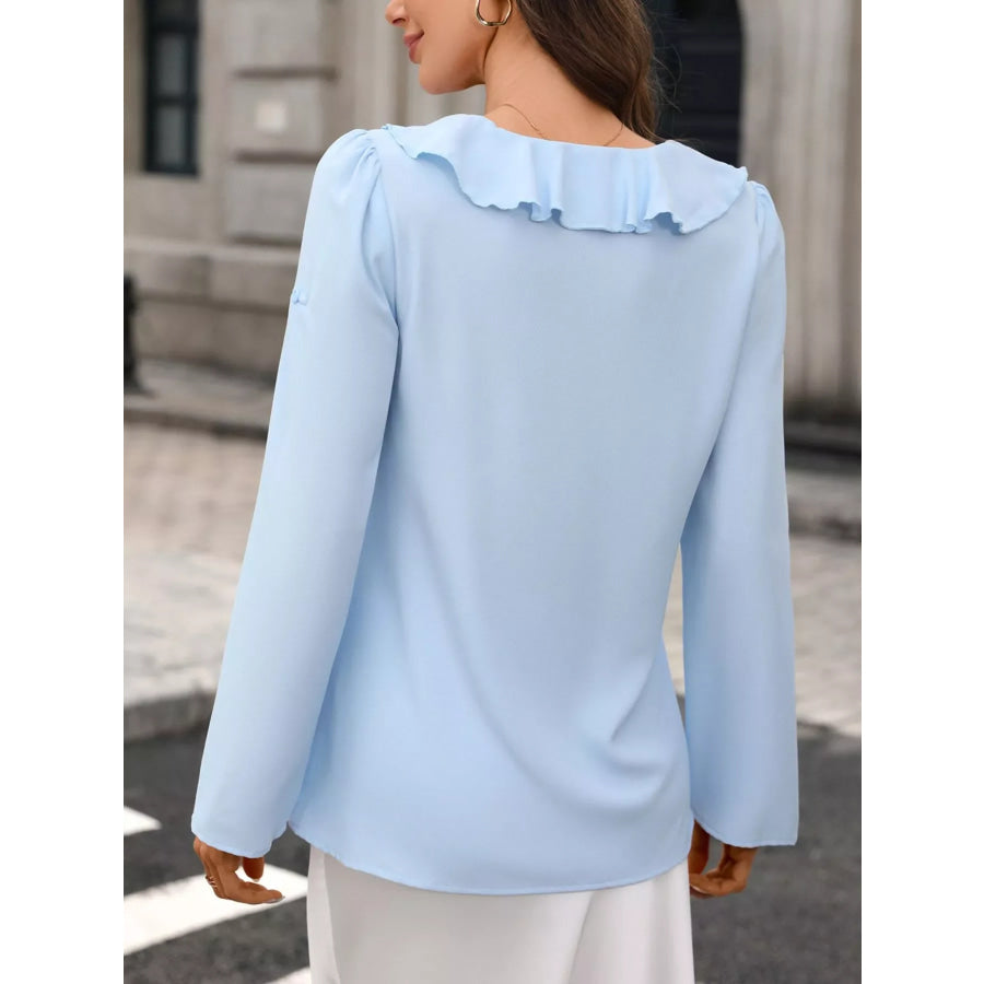 Ruffled V-Neck Roll-Up Sleeves Blouse Apparel and Accessories