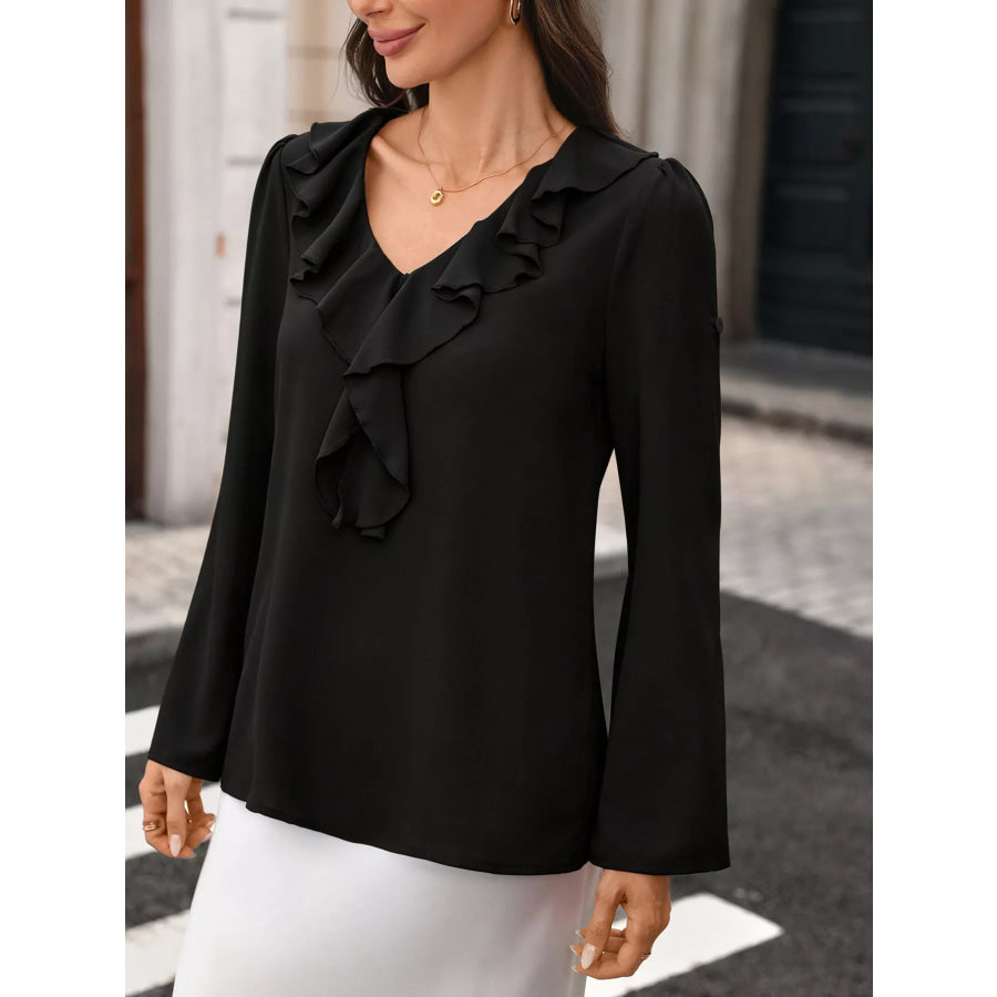 Ruffled V-Neck Roll-Up Sleeves Blouse Apparel and Accessories