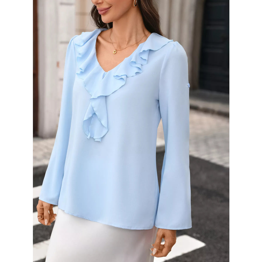 Ruffled V-Neck Roll-Up Sleeves Blouse Apparel and Accessories