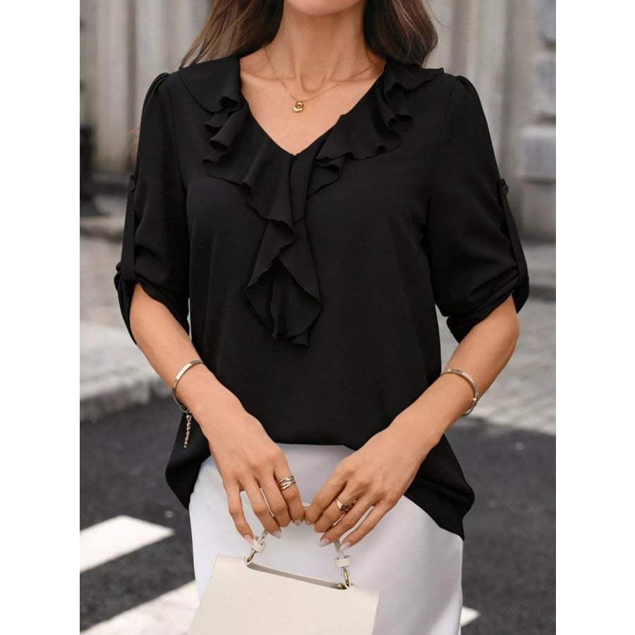 Ruffled V-Neck Roll-Up Sleeves Blouse Apparel and Accessories