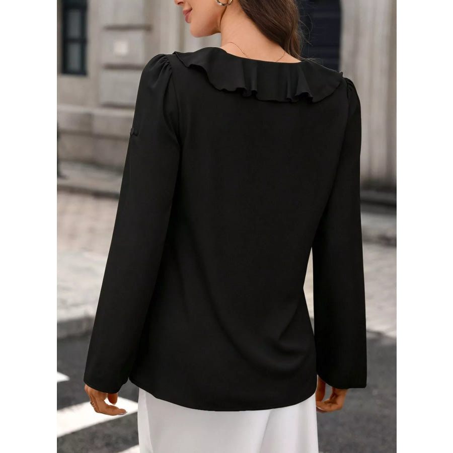 Ruffled V-Neck Roll-Up Sleeves Blouse Apparel and Accessories