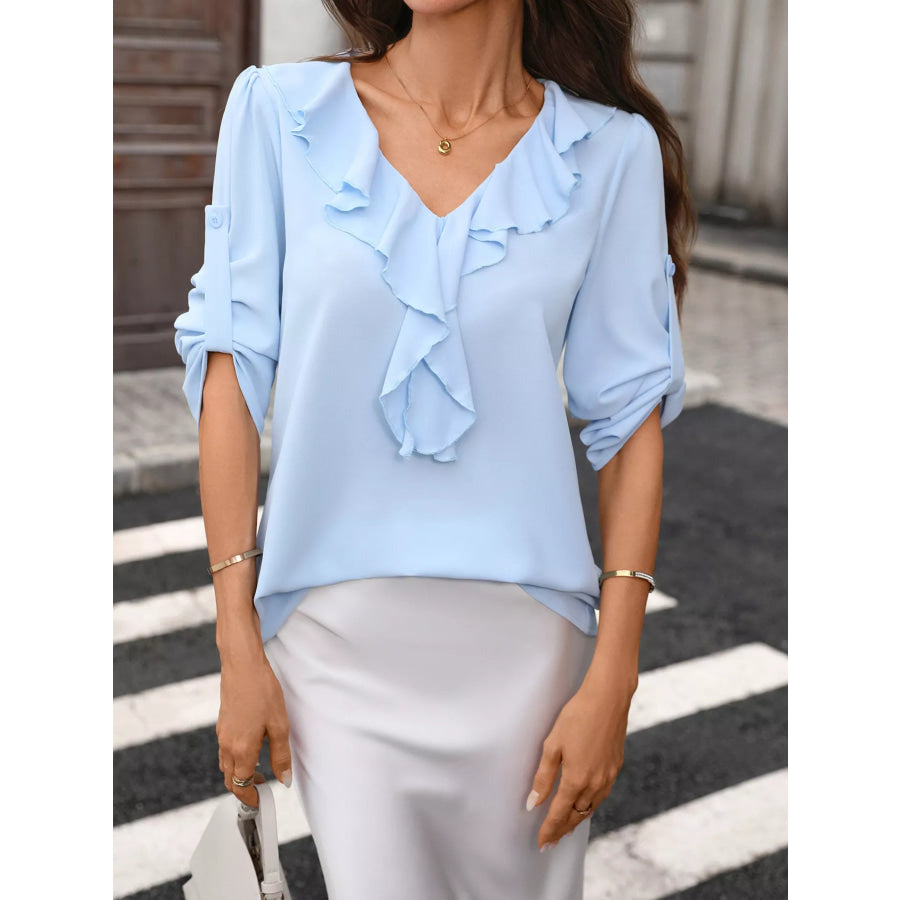 Ruffled V-Neck Roll-Up Sleeves Blouse Apparel and Accessories