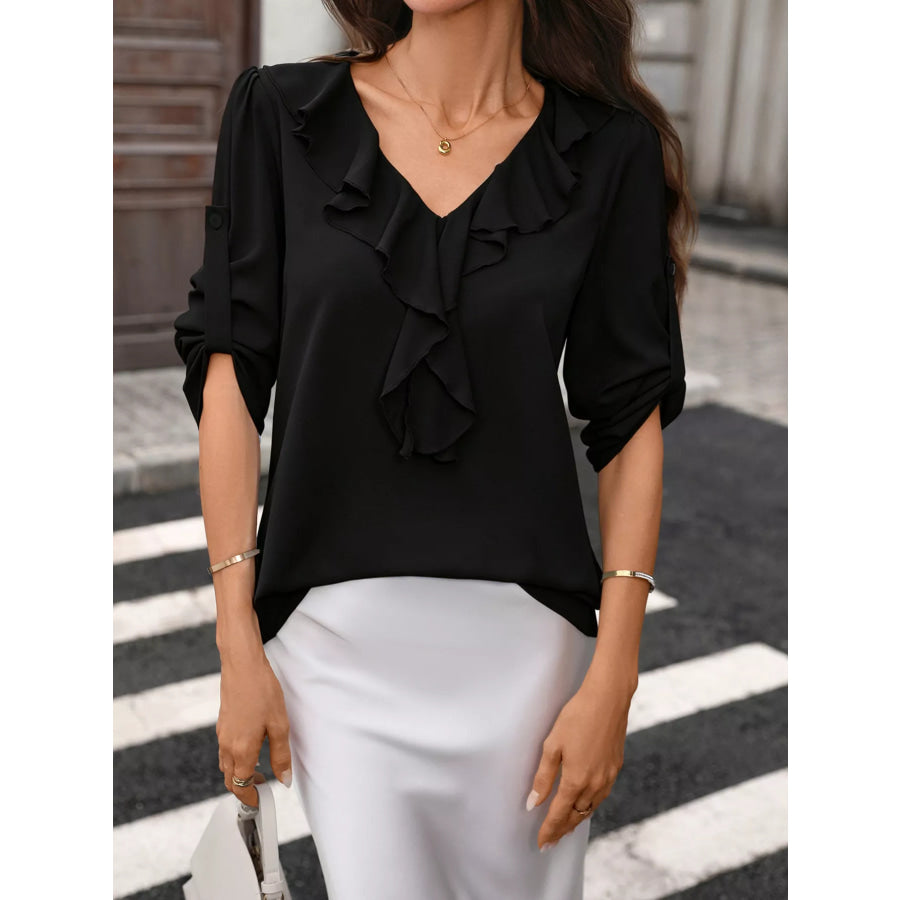 Ruffled V-Neck Roll-Up Sleeves Blouse Apparel and Accessories