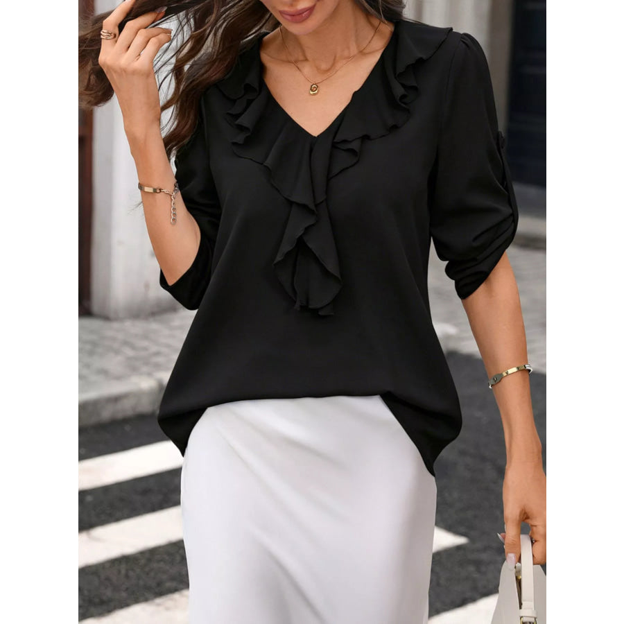Ruffled V-Neck Roll-Up Sleeves Blouse Black / S Apparel and Accessories