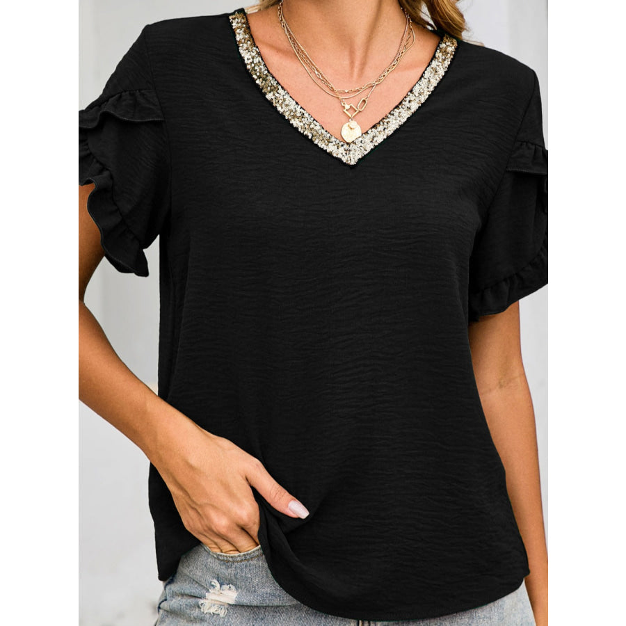 Ruffled V-Neck Short Sleeve Blouse Apparel and Accessories