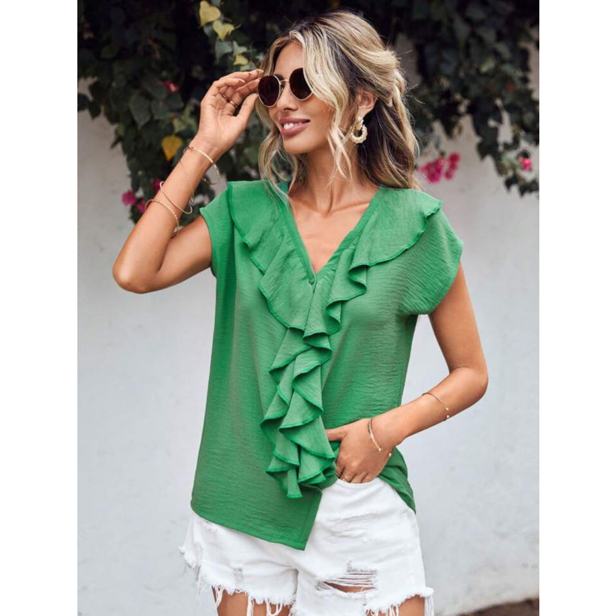 Ruffled V-Neck Short Sleeve Blouse Apparel and Accessories