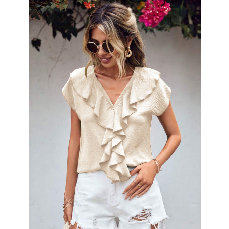 Ruffled V-Neck Short Sleeve Blouse Apparel and Accessories