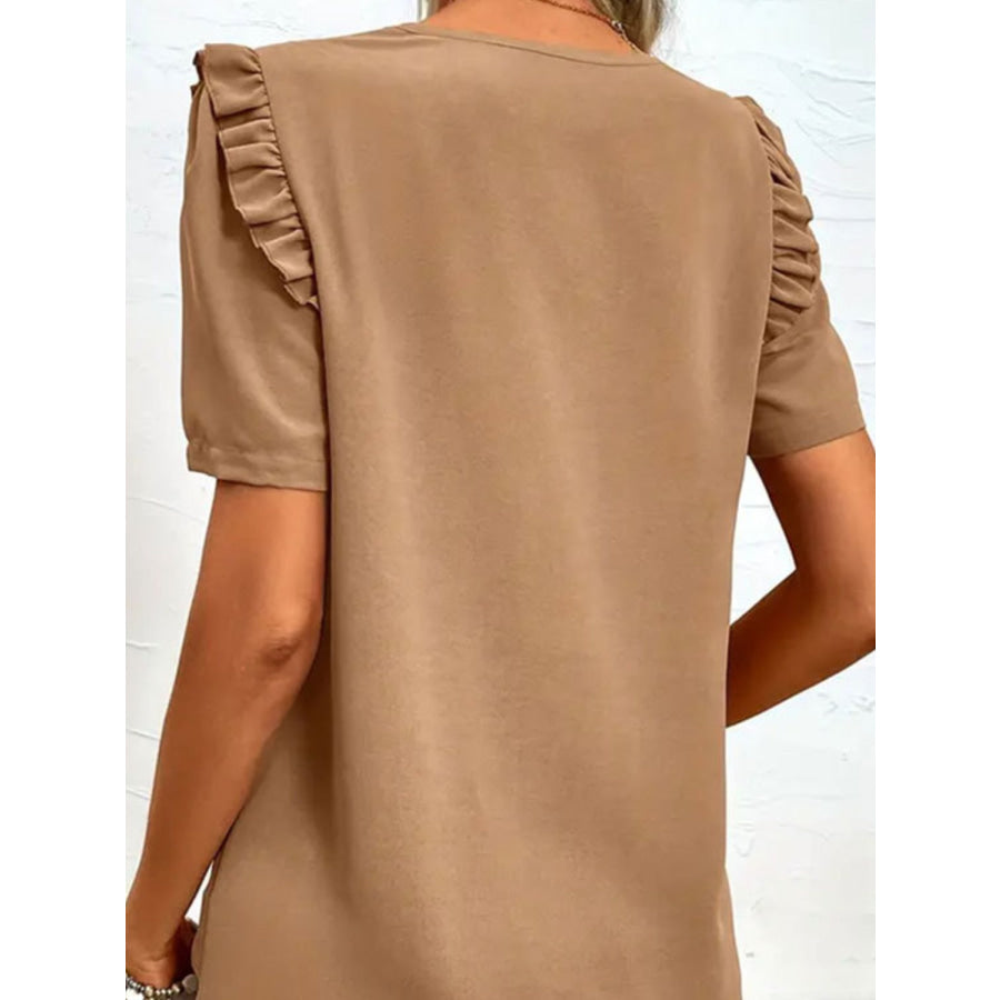 Ruffled V-Neck Short Sleeve Blouse Camel / S Apparel and Accessories