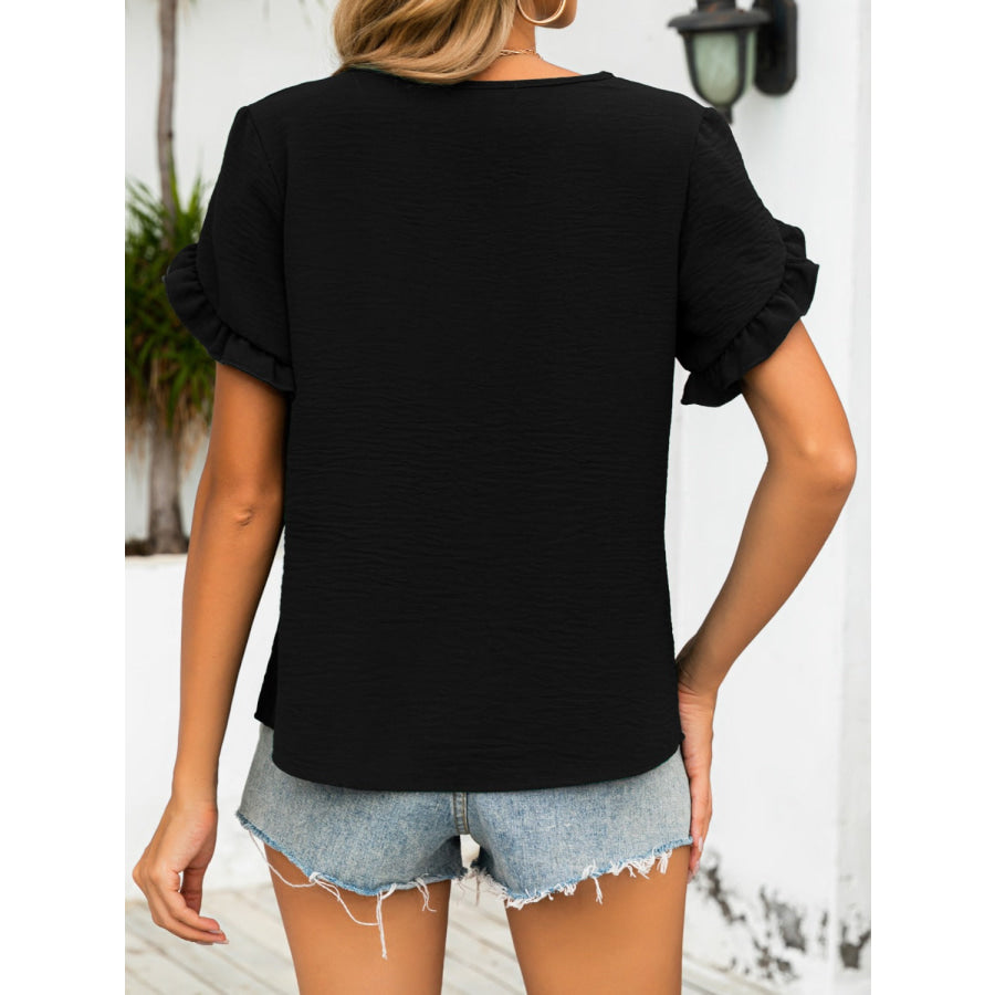 Ruffled V-Neck Short Sleeve Blouse Apparel and Accessories