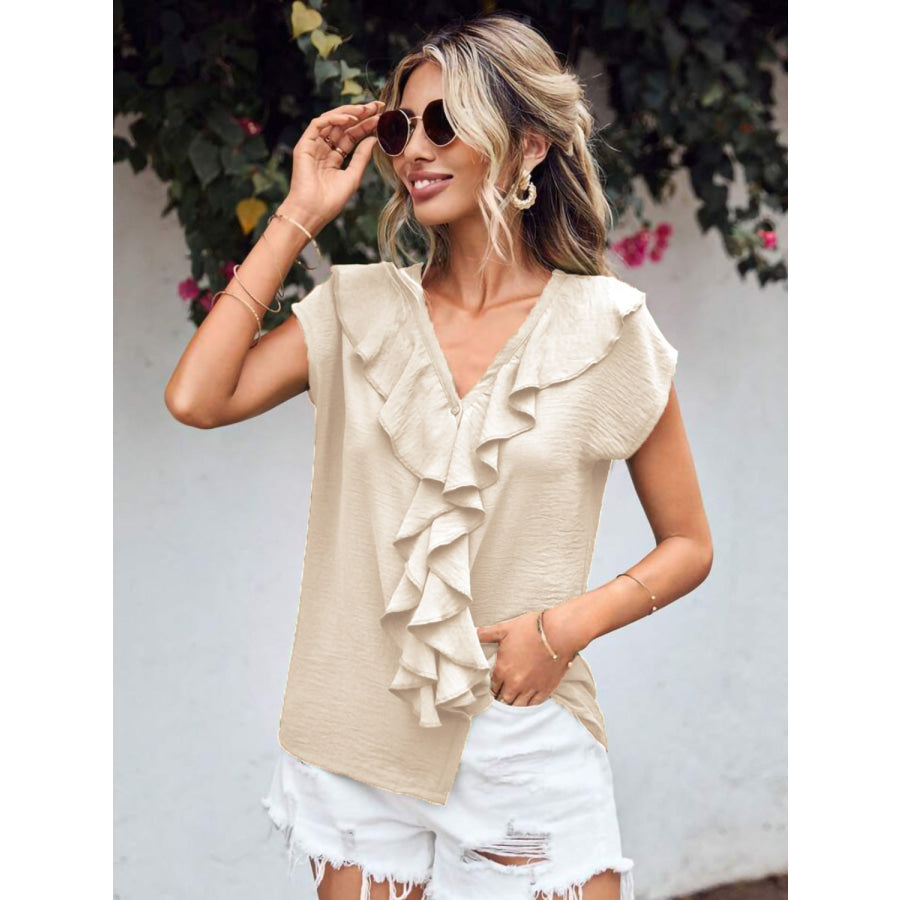 Ruffled V-Neck Short Sleeve Blouse Apparel and Accessories