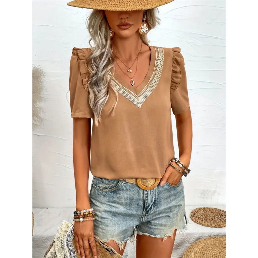 Ruffled V-Neck Short Sleeve Blouse Apparel and Accessories