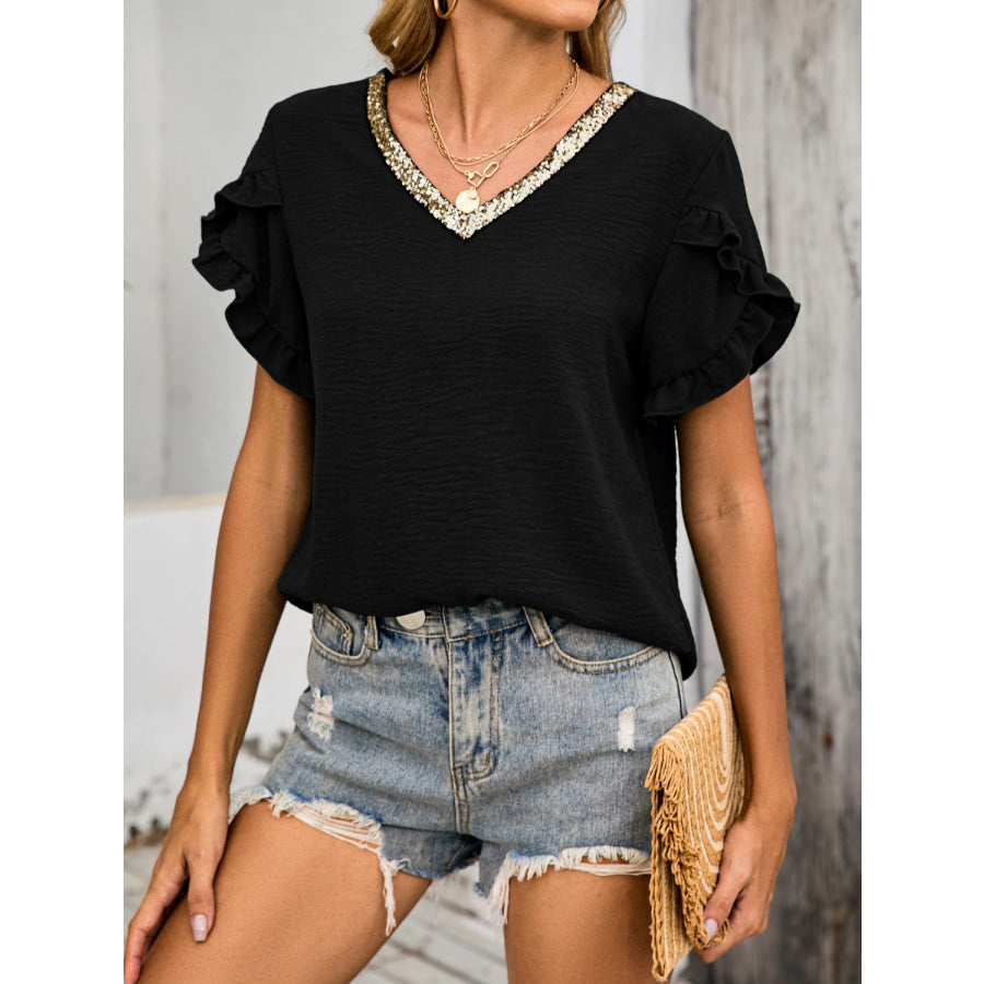 Ruffled V-Neck Short Sleeve Blouse Black / S Apparel and Accessories