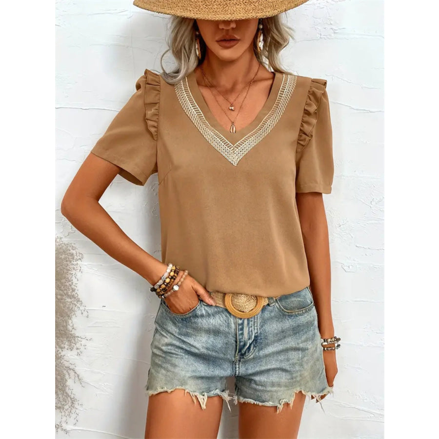 Ruffled V-Neck Short Sleeve Blouse Camel / S Apparel and Accessories