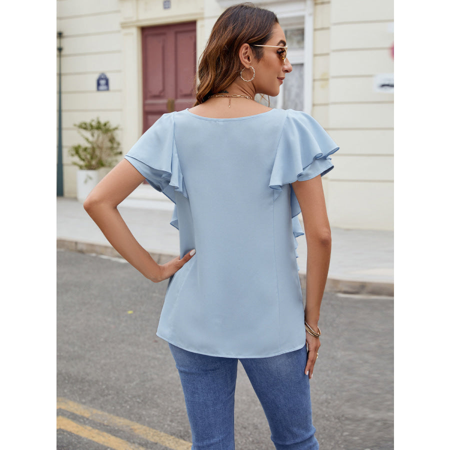 Ruffled V-Neck Short Sleeve Top Blue / S Apparel and Accessories