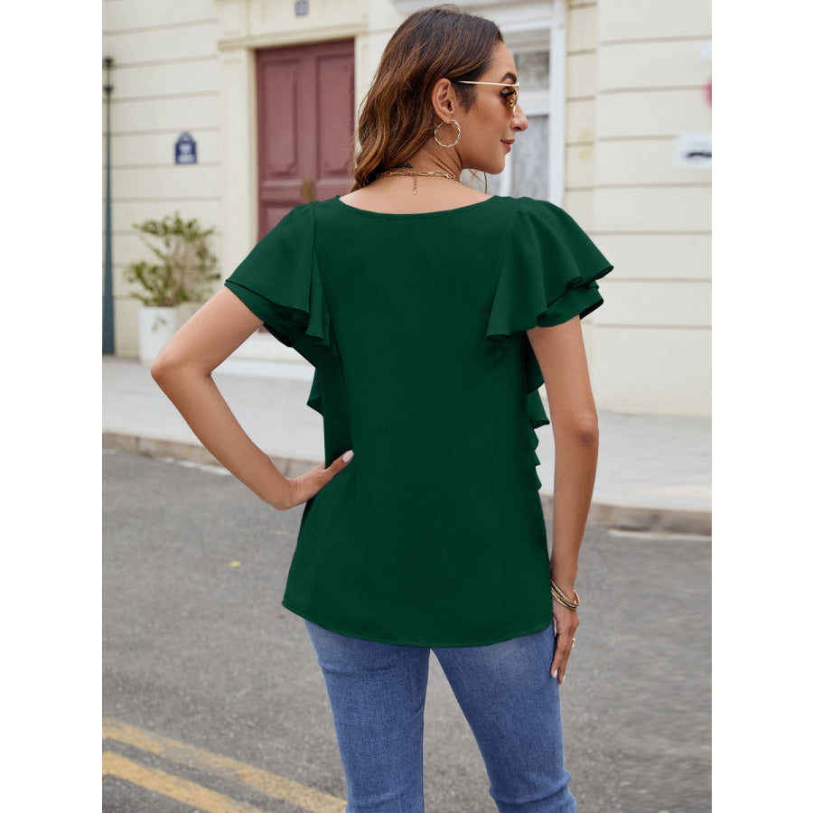 Ruffled V-Neck Short Sleeve Top Apparel and Accessories