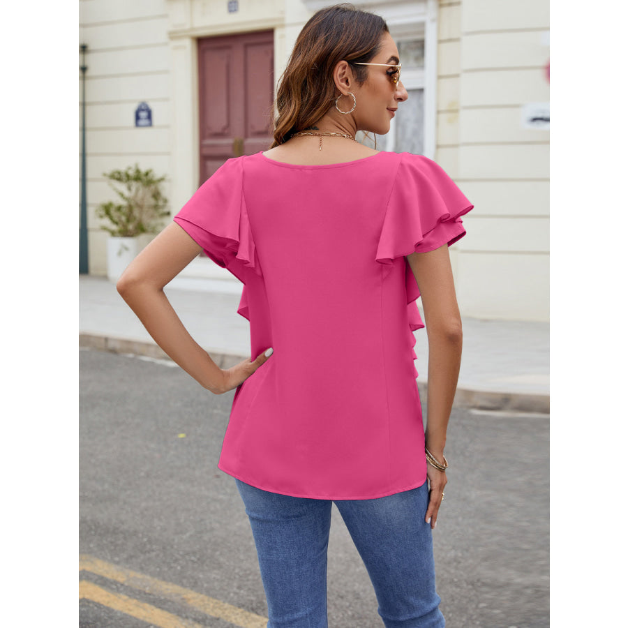 Ruffled V-Neck Short Sleeve Top Apparel and Accessories
