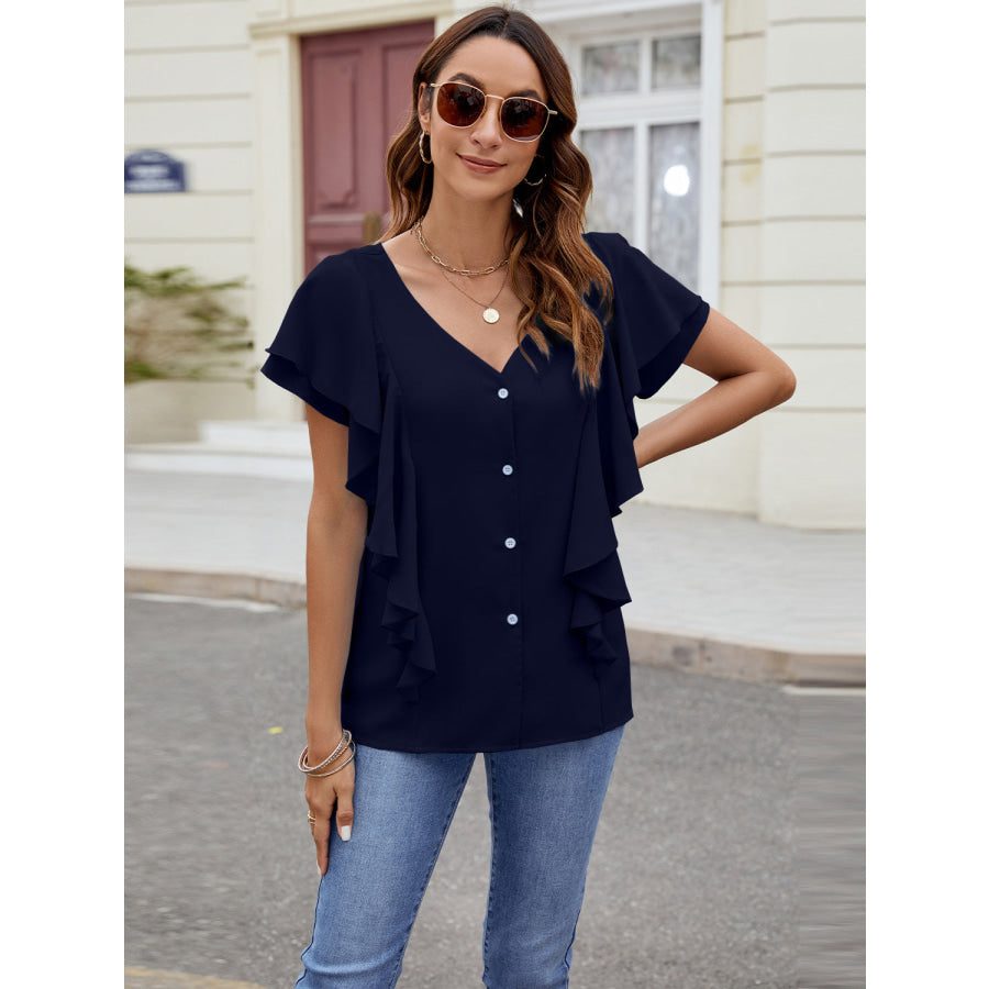 Ruffled V-Neck Short Sleeve Top Apparel and Accessories