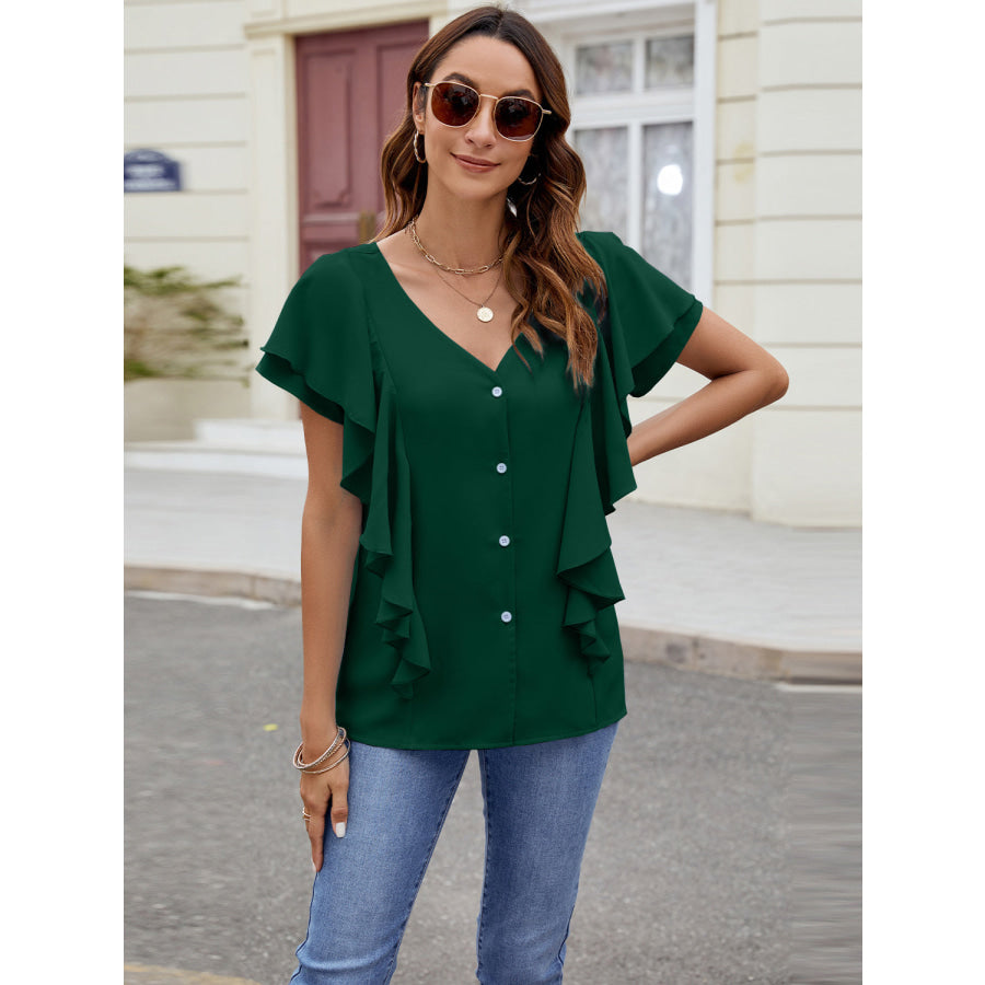 Ruffled V-Neck Short Sleeve Top Apparel and Accessories