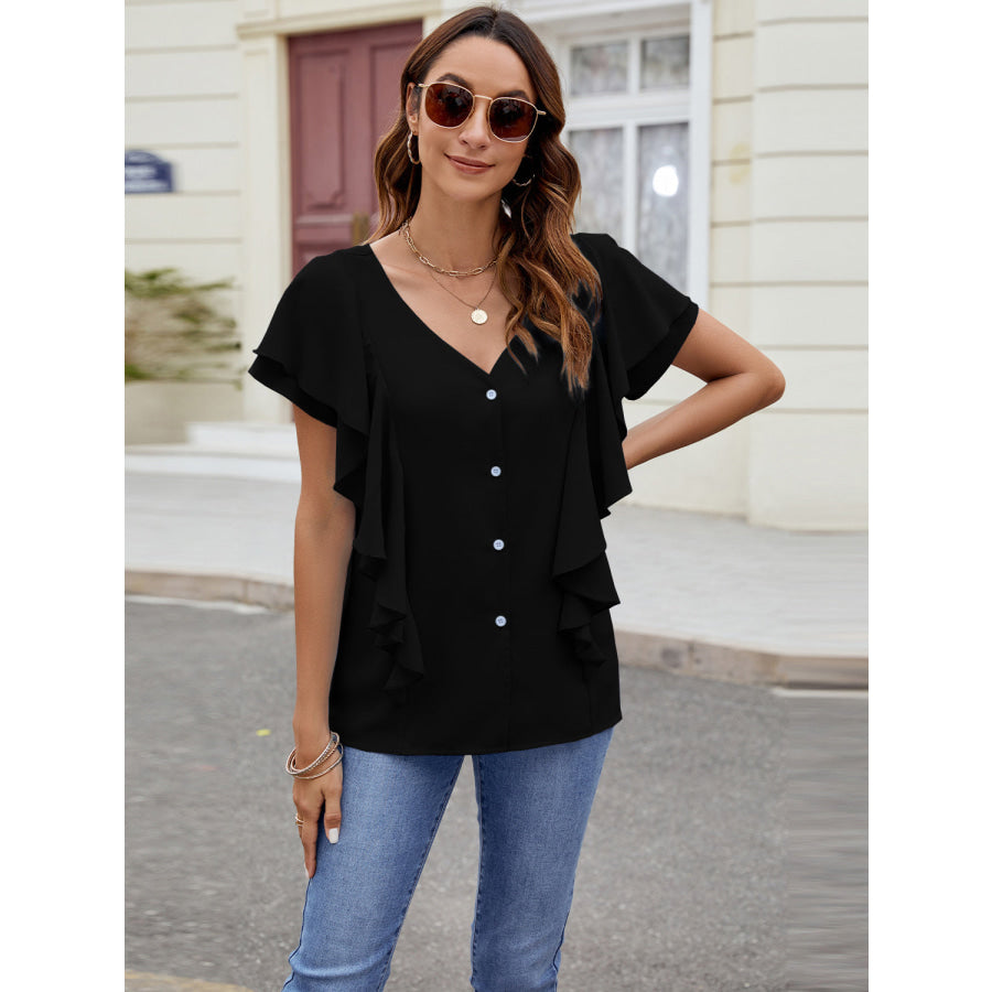 Ruffled V-Neck Short Sleeve Top Black / S Apparel and Accessories