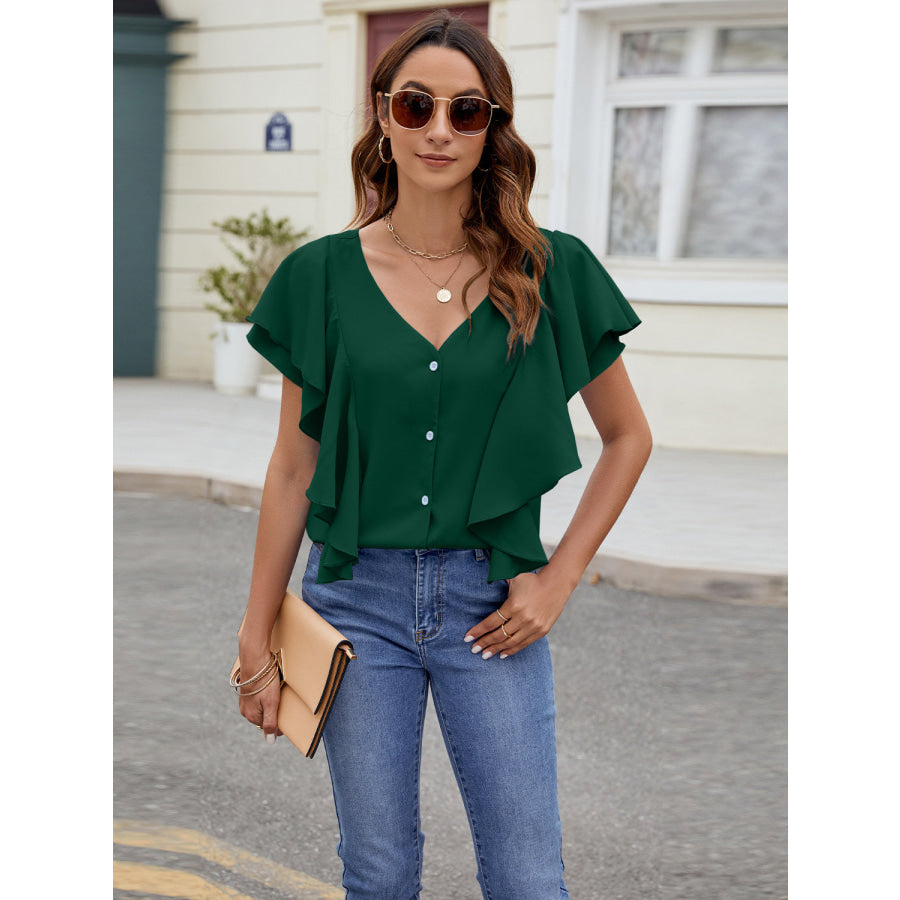 Ruffled V-Neck Short Sleeve Top Green / S Apparel and Accessories