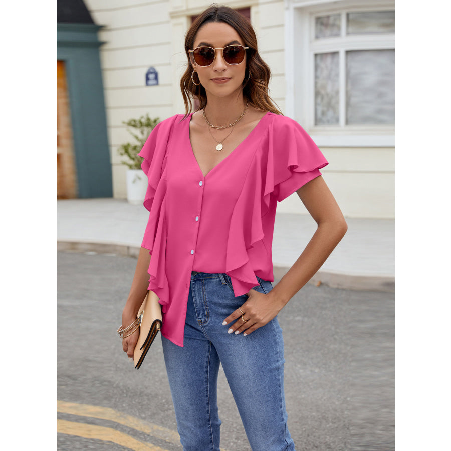 Ruffled V-Neck Short Sleeve Top Hot Pink / S Apparel and Accessories