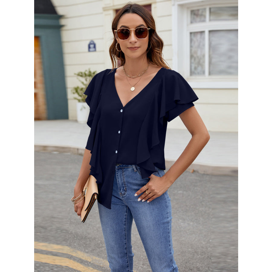 Ruffled V-Neck Short Sleeve Top Navy / S Apparel and Accessories